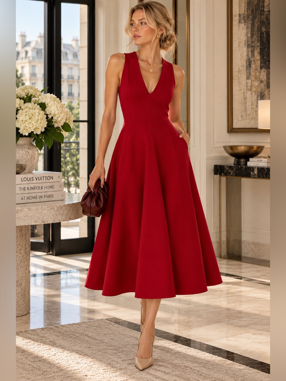Dress the Population Catalina Red Midi Dress L V Neck Fit & Flare Cocktail